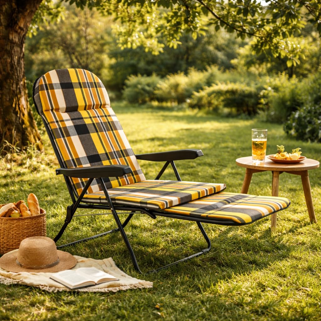 MA MAISON Sdraio Reclinabile Imbottita 166X60X63 cm - 6 Posizioni, con Prolunga Estraibile, Braccioli Ergonomici, Struttura in Acciaio, per Interno, Esterno - Made in Italy RIGHE GIALLO