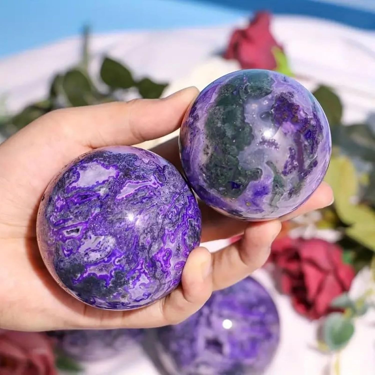 Natural Moss Agate Crystal Ball Feng Shui, Photography, Witchcraft,Purple Agate Crystal Ball Ornament, for Living Room, Office Desk & Bookshelf,50~55mm
