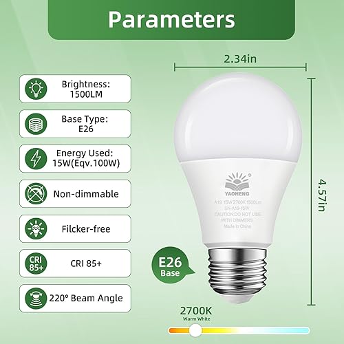 Miniatura 2 de Bombillas LED A19, bombillas LED equivalentes a 100 W, 15 W, 1500 lúmenes, blanco cálido 2700 K, bombillas A19 de base estándar E26, no regulables,