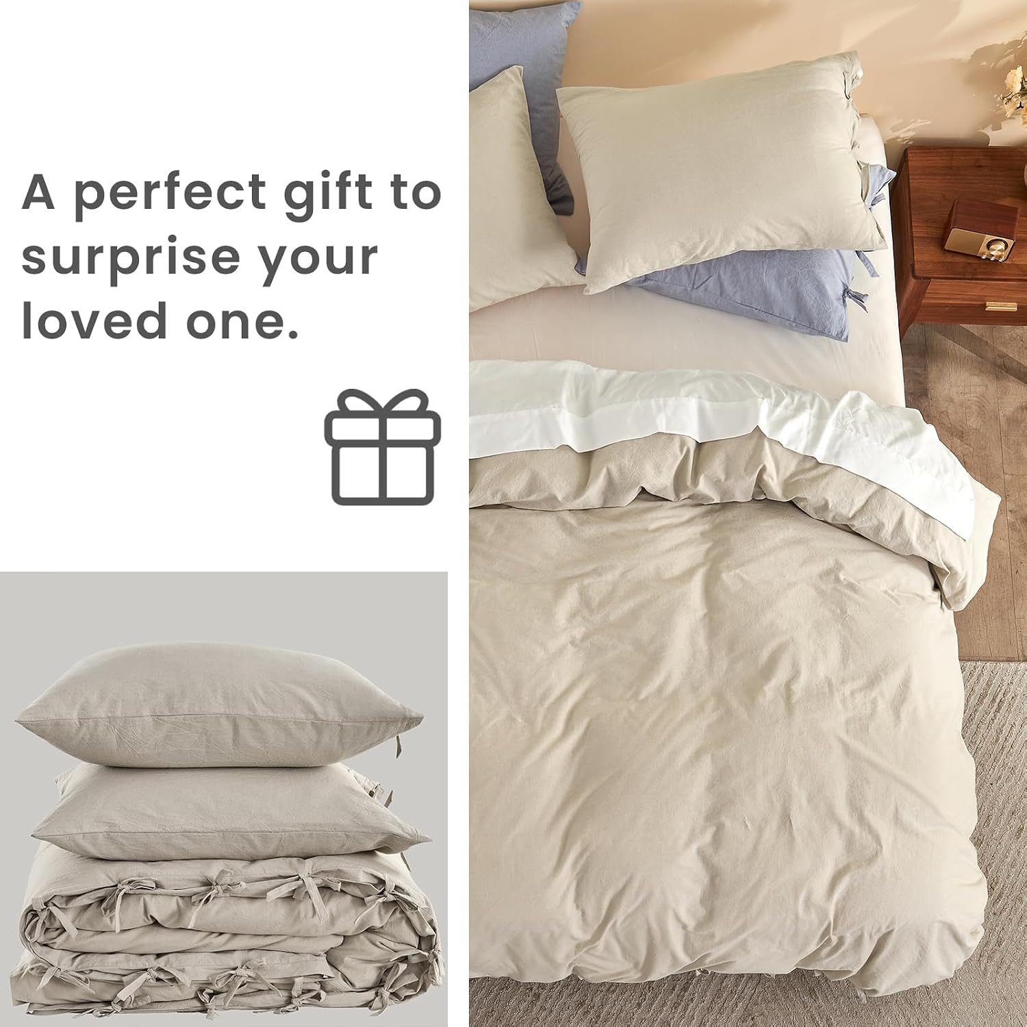 BISELINA 100% Washed Cotton Duvet Cover Set 3pcs with Bowknot Ties Strap Solid Color Linen Like Textured Durable Breathable Soft Comfy Chic Bedding (Twin, Sandy Beige)