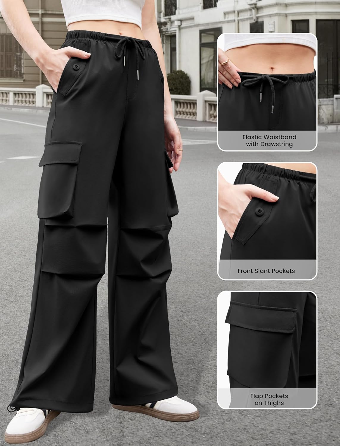 Womens Cargo Pants Elastic Waist Wide Leg Parachute Pants with 4 Pockets Baggy Hiking Trousers Travel Y2K Waterproof - Image 5