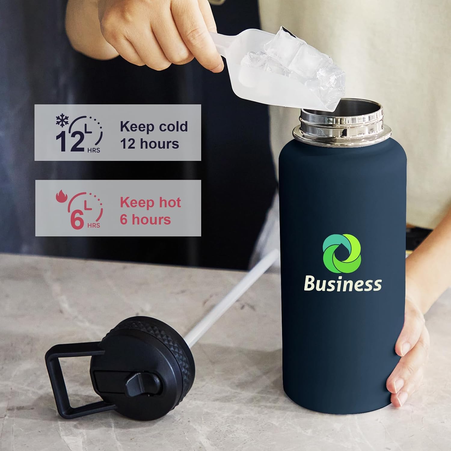 Personalized Custom Water Bottles with Text Logo Print in USA 32oz 10 Pcs Double Wall Stainless Steel Leakproof Wide Mouth Cups with Flip Straw - Image 4