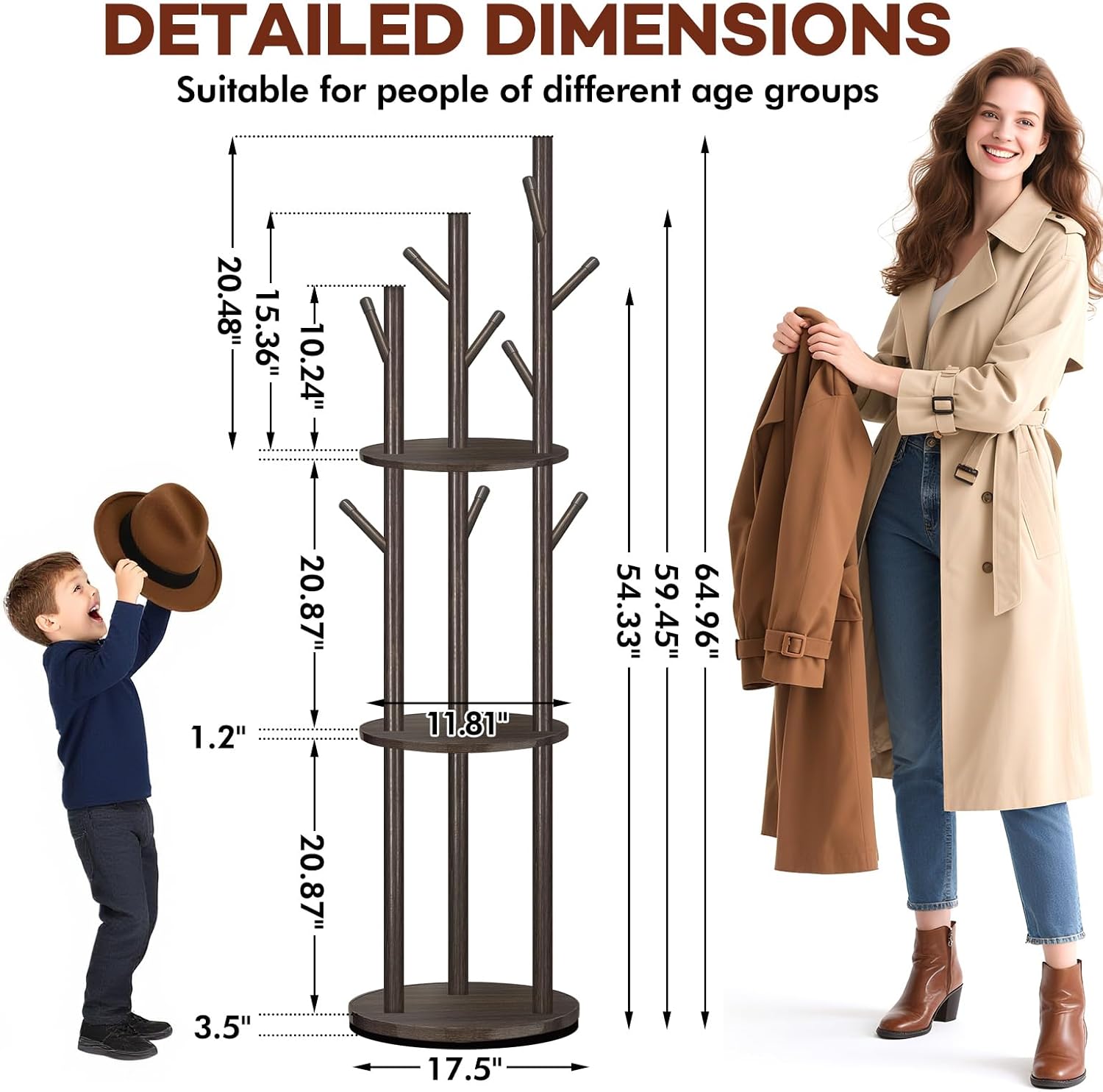 Freestanding Coat Rack, Solid Pine Wood Rotary Coat Tree with 3 Shelves and 9 Hanging Handles, Coat Hanger Stand for Bedroom, Entryway, Livingroom(Walnut Color)