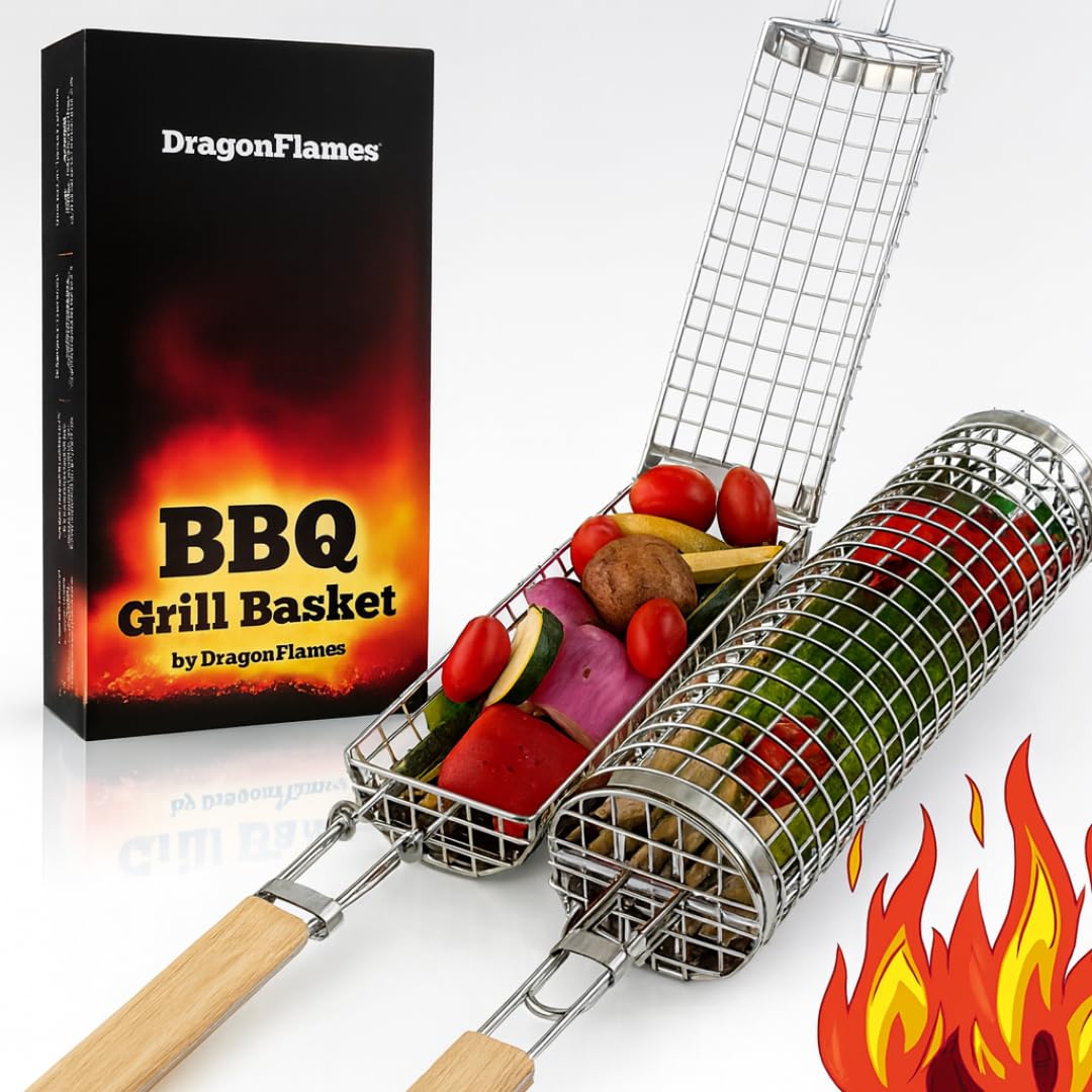 Grill Well 2.0 - Rolling Grill Basket (2 PCs) ideal as Birthday Gift for Dad who has Everything, BBQ Vegetables Grill Baskets, Outdoor Cooking Gadgets, Mens Gifts Ideas, BBQ Smoker Accessories & More