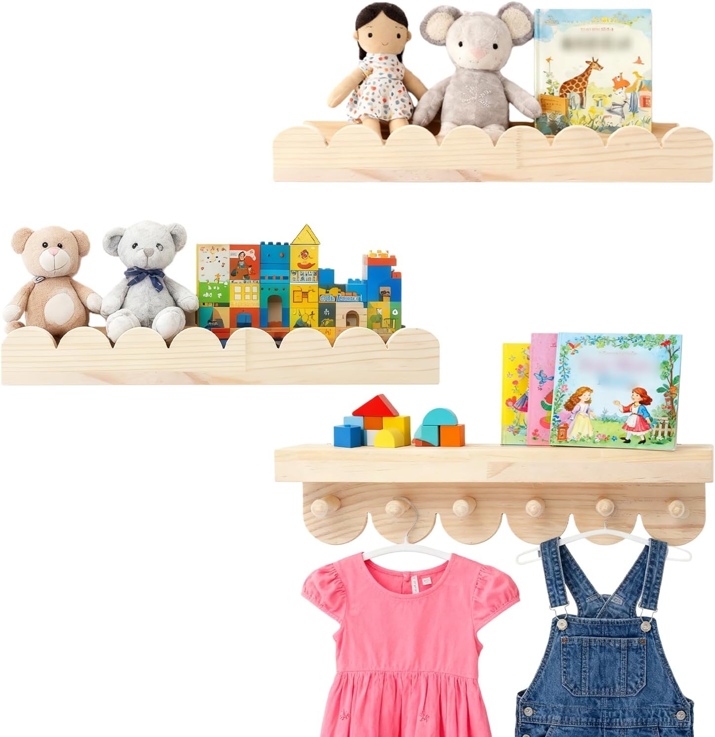3PCS Wooden Nursery Book Shelves with Round Hooks, Floating Wall Shelf Bookshelf Hanging Storage Scalloped Shelves, Floating Shelves Wall Mounted Organizer for Bedroom, Living Room