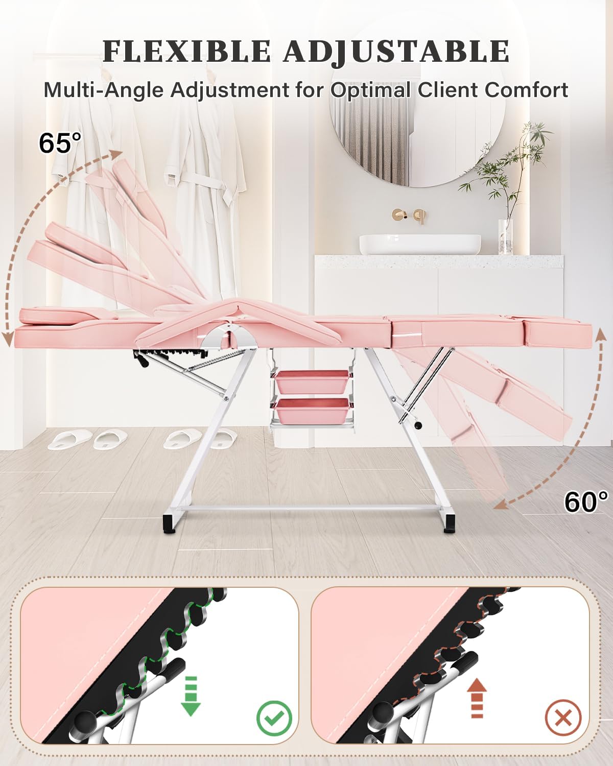 Pink Tattoo Artist Chair, Split Leg Facial Bed for Client Professional Beauty Lash Massage Bed with Hydraulic Stool & Extension Footrests for Salon Spa Barber Equipment