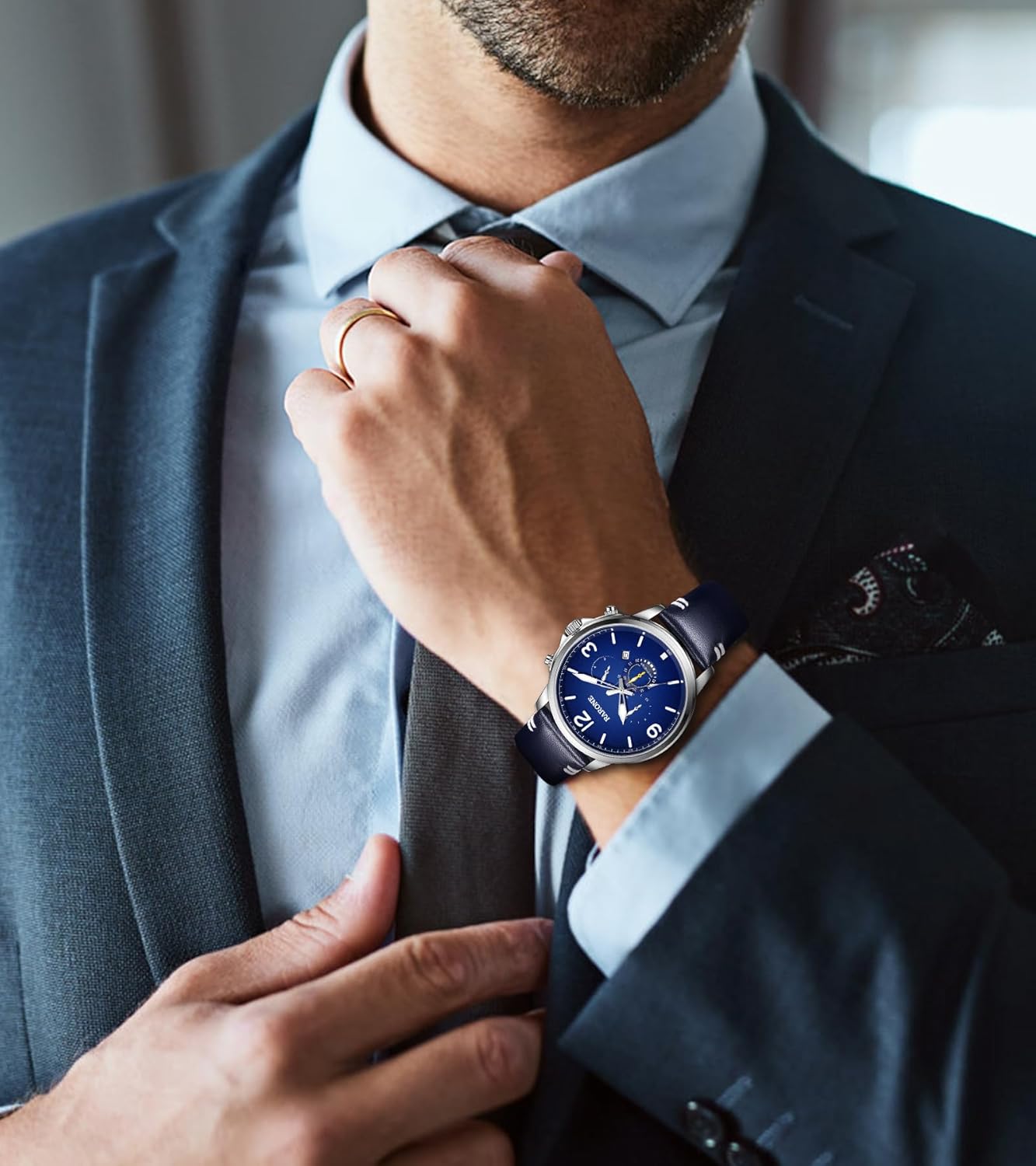 Mens Watches, Analog Quartz Chronograph Waterproof Wrist Watches, Usiness Casual Leather Watch for Men, with Date Display, Luminous Hands Elegant Men's Gift, Blue