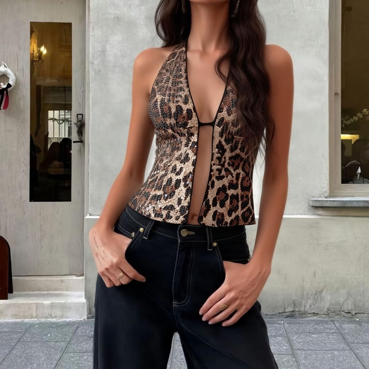 Canotta da donna con paillette, con scollo a leopardo, con spalline scoperte, crop top party club