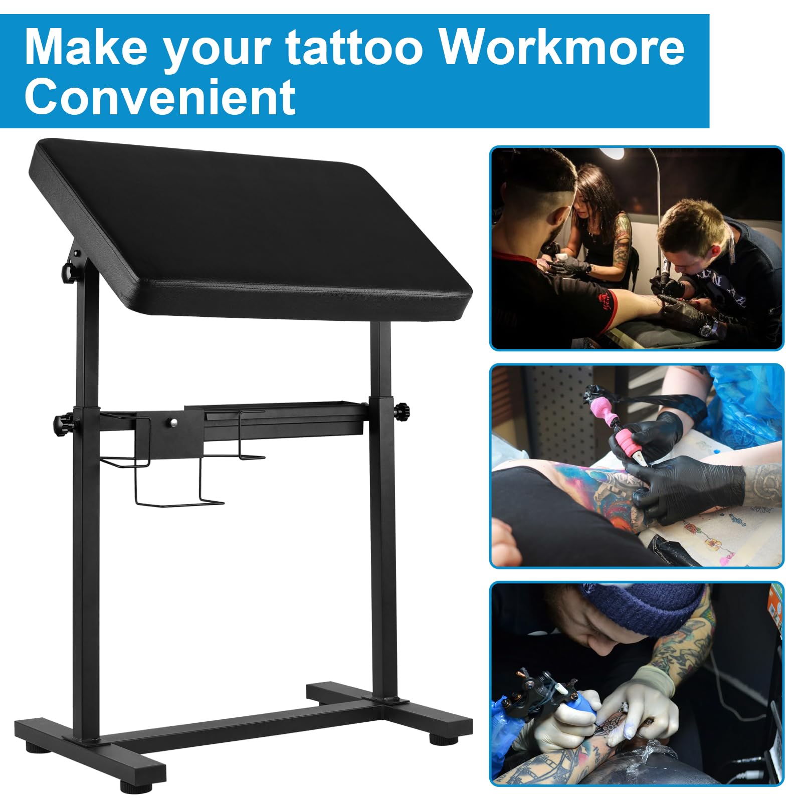 Tattoo Arm Rest Stand, Large Armrest Tattoo with Rack and Storage Compartment, Tattoo Armrest Stand with PU Leather Soft Sponge Pad, Adjustable Height & Angle for Tattoo Supplies