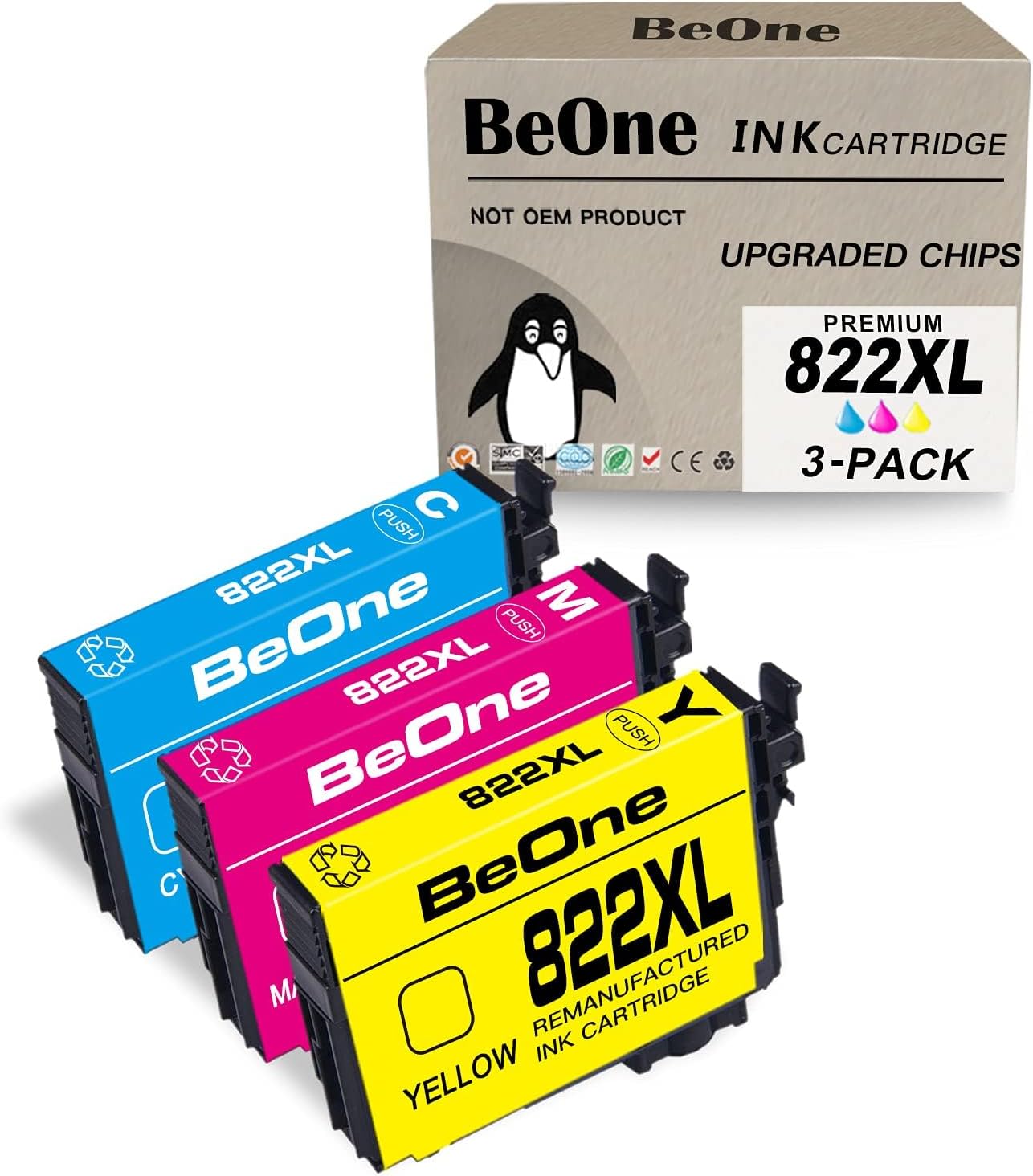 BeOne 822XL Ink Cartridges Remanufactured Replacement for Epson 822 XL T822 T822XL to Use with Workforce Pro WF-3820 WF-4820 WF-4830 WF-4833 WF-4834 (3-Pack; 1C, 1M, 1Y)