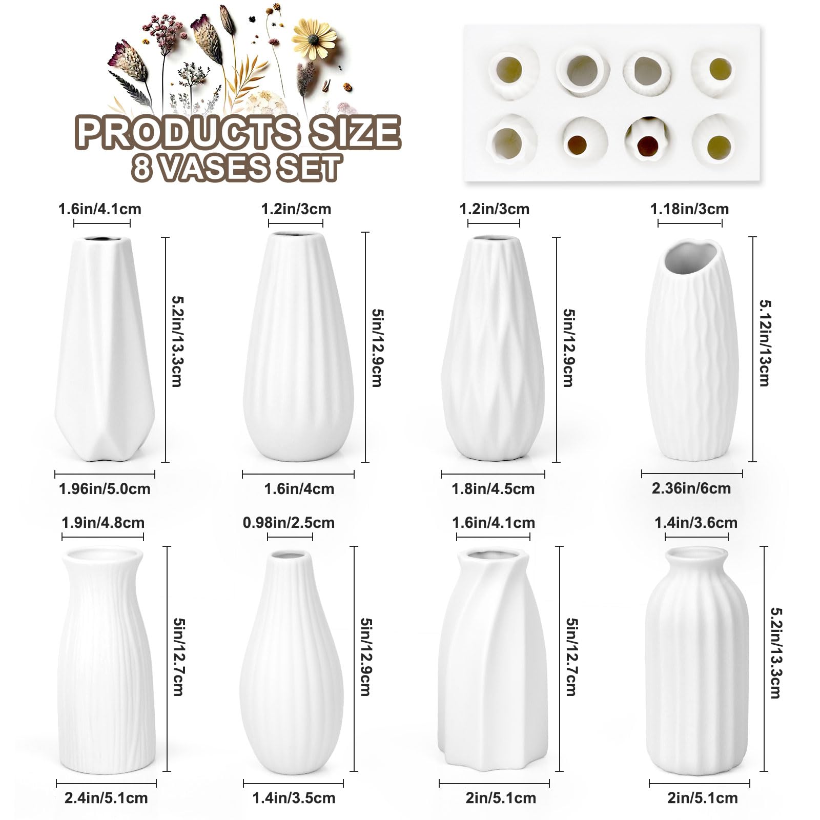 JBER Zestaw dekoracyjny z 8 małych wazonów, 13 cm, biały wazon na kwiaty, matowy ceramiczny wazon na trawę pampas, kwiaty suszone, nowoczesny boho, skandynawska dekoracja wnętrz, do stołu domowego i
