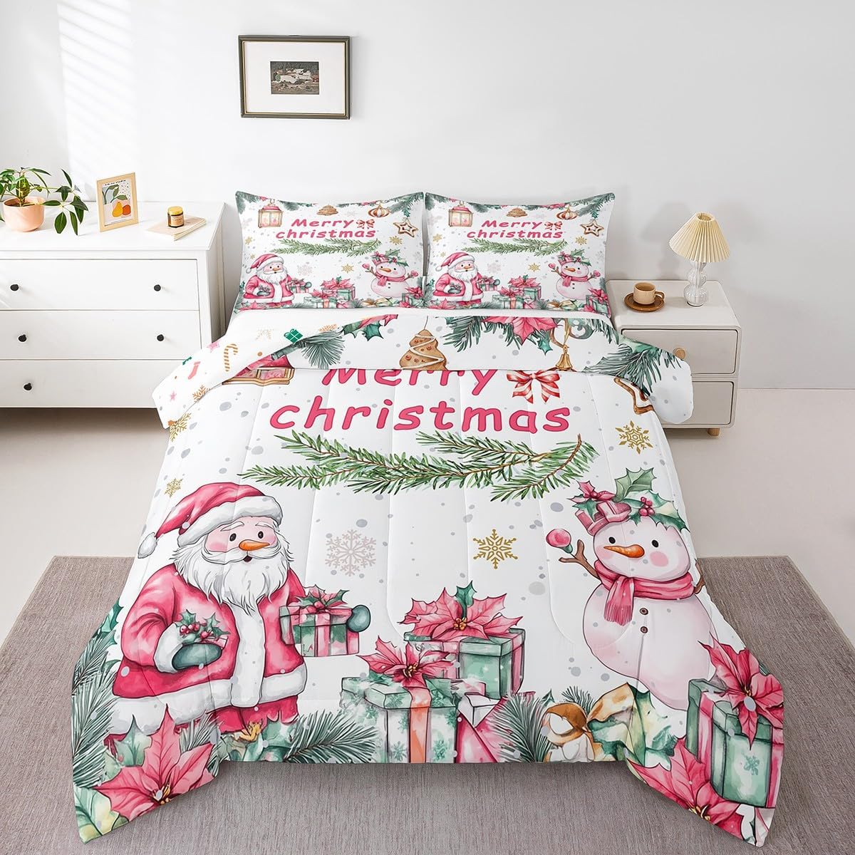 Manfei Santa Claus Comforter Set for Kids Adults,Xmas Theme Cute Snowman Watercolor Flowers Bedding Comforter Sets Full,New Year Gift Rustic Leaves Quilt Comforter with 2 Pillowcases