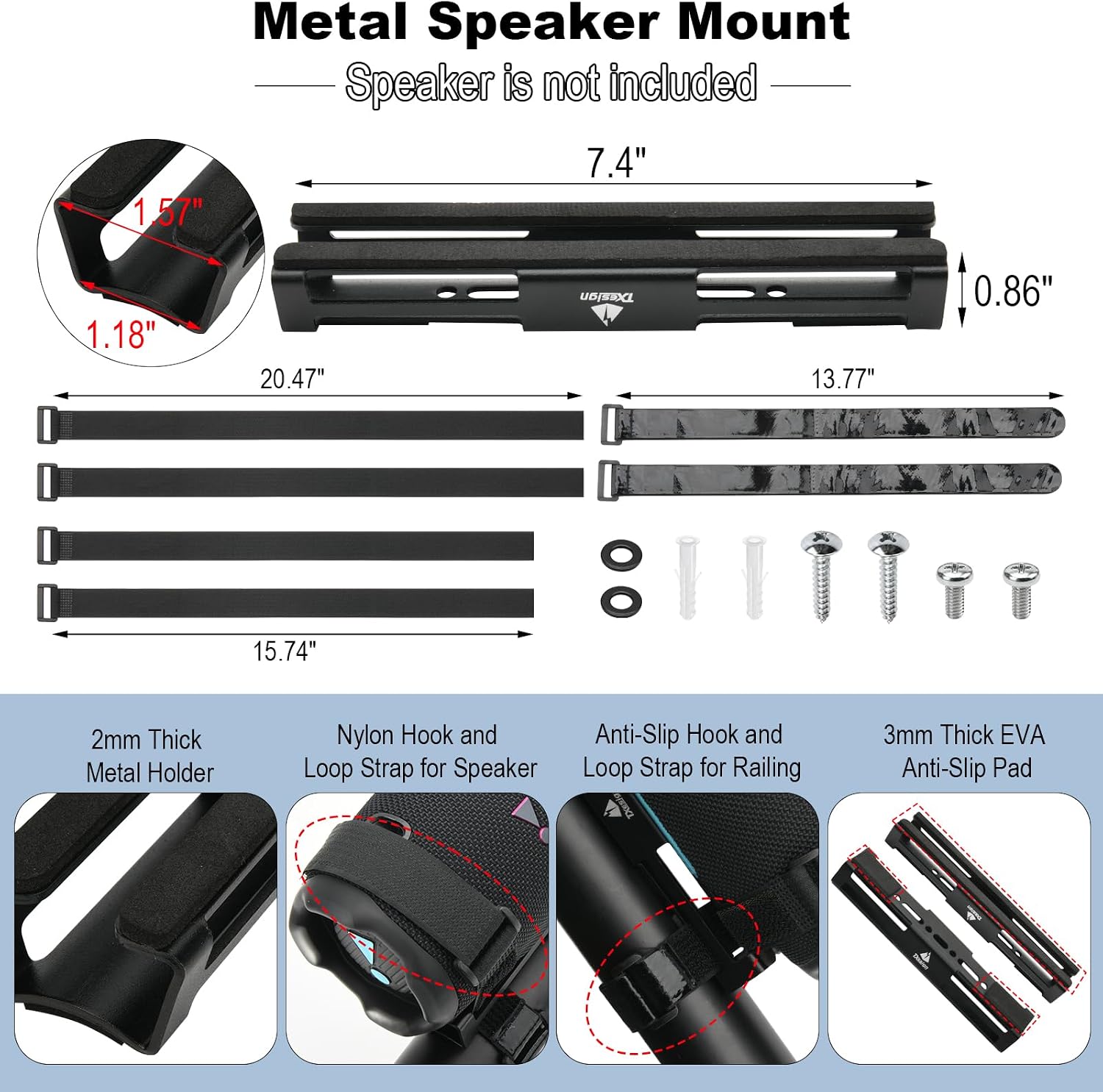 Portable Bike Speaker Mount for JBL Charge 5/Charge 6/Flip 5/Flip 6/Flip 7/Xtreme 4, Metal Wall Mount Speaker Strap Holder with Hook and Loop Straps for Bike/Golf Cart/Boat/Scooter Railing
