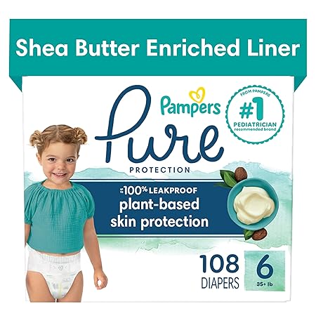 Pampers Pure Disposable Baby Diapers, Hypoallergenic and Fragrance Free Protection, Size 6, 108 Count