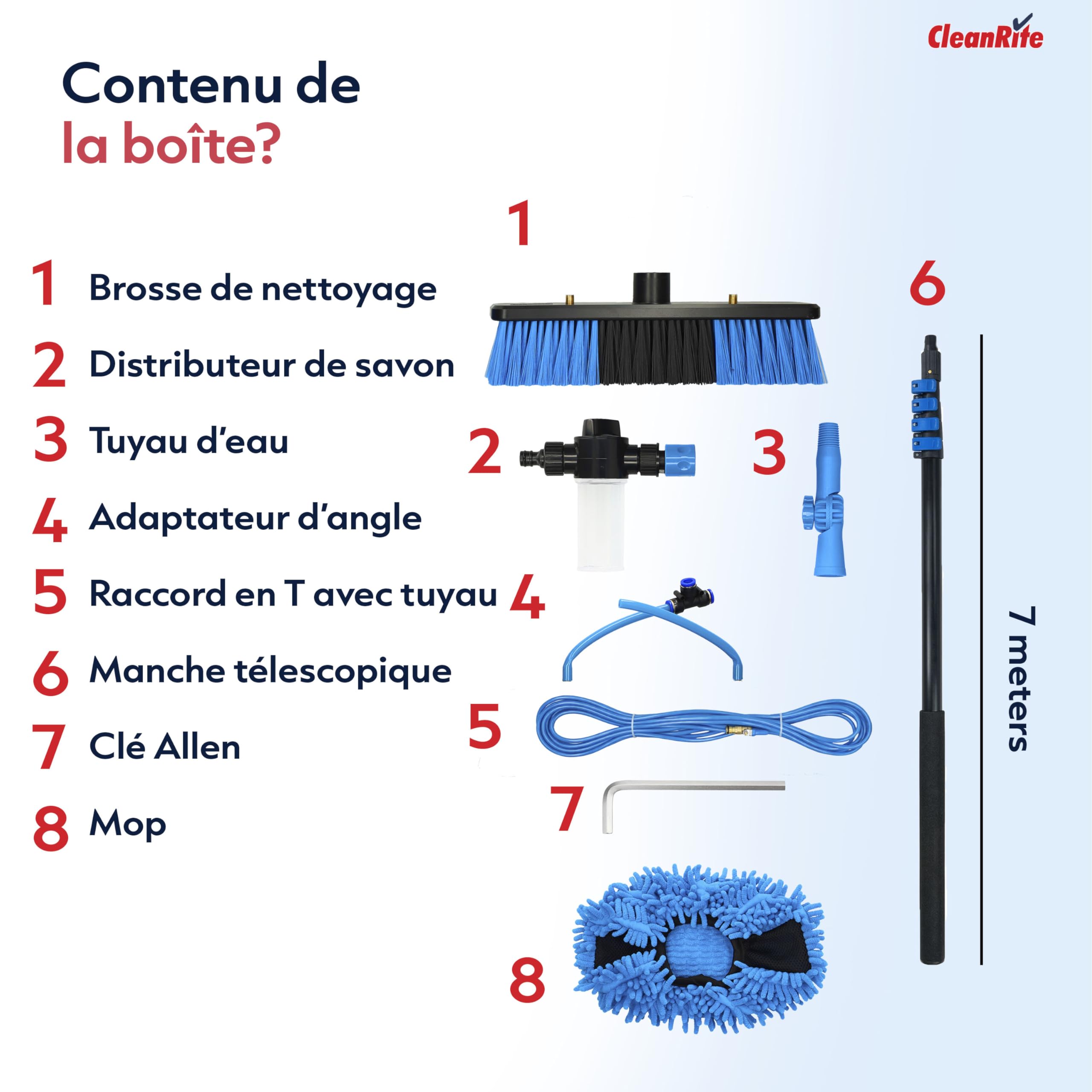 CleanRite® Brosse Télescopique 7 m avec Arrivée d’Eau | Perche Nettoyage Toiture et Panneaux Solaires | Balai Télescopique avec Distributeur de Savon | Voiture | Noir