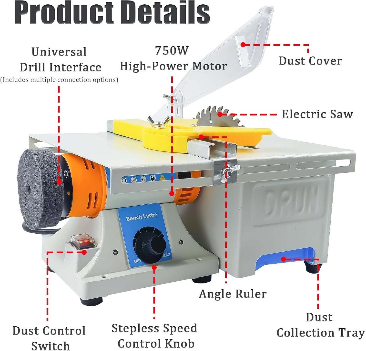 750W Mini Table Saw, Multifunctional Lapidary Tool Polisher, Adjustable Speed 0-10000 RPM, Ideal for Cutting Drilling Carving and Polishing Rocks Gems Jade Metal and Wood