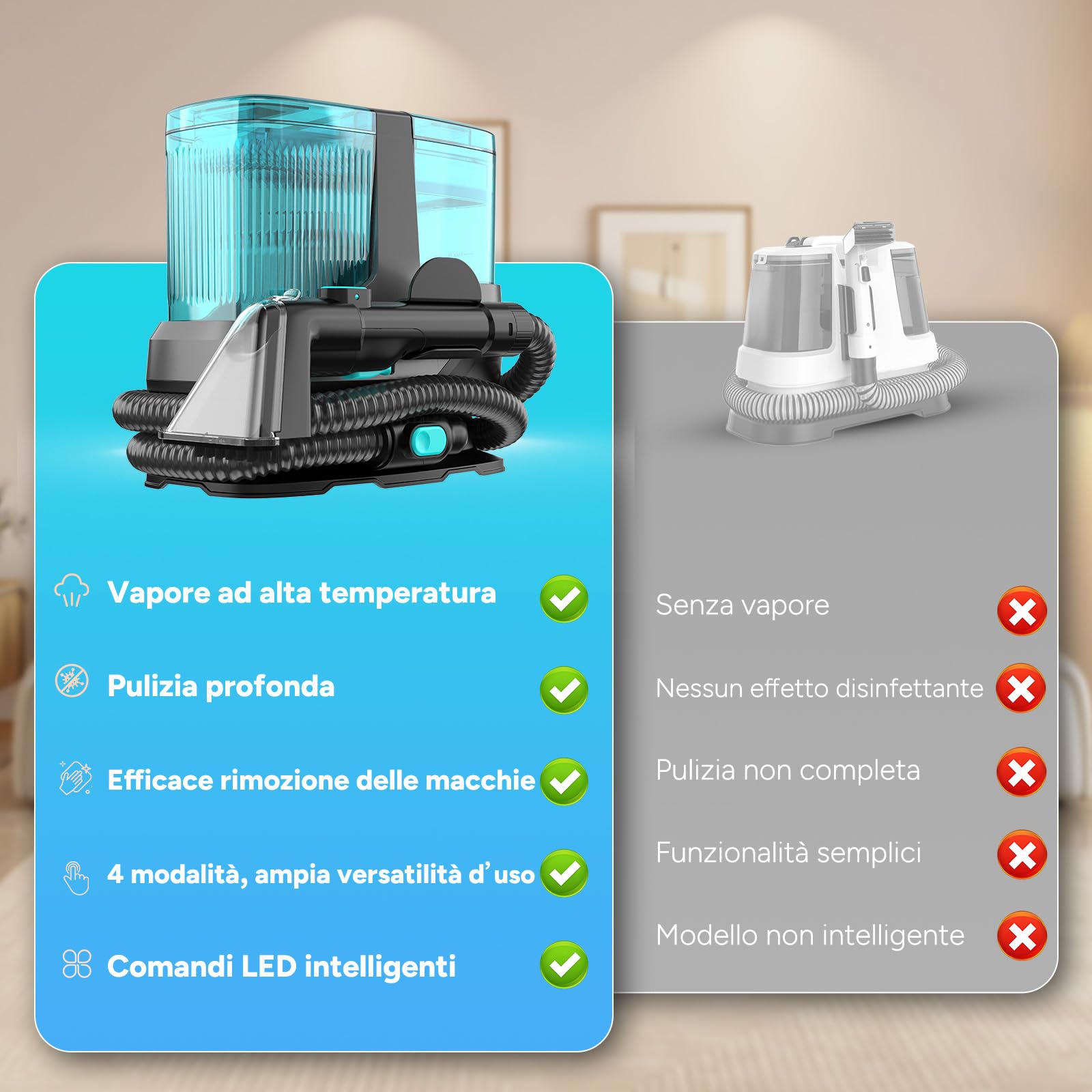 C688 aspiradora limpiadora 4 en 1, 25000 Pa, 1800 W. Calefacción, desinfección, pantalla LED y avisos vocales. Ideal para sofás, alfombras, asientos auto, colchones, cojines mascotas