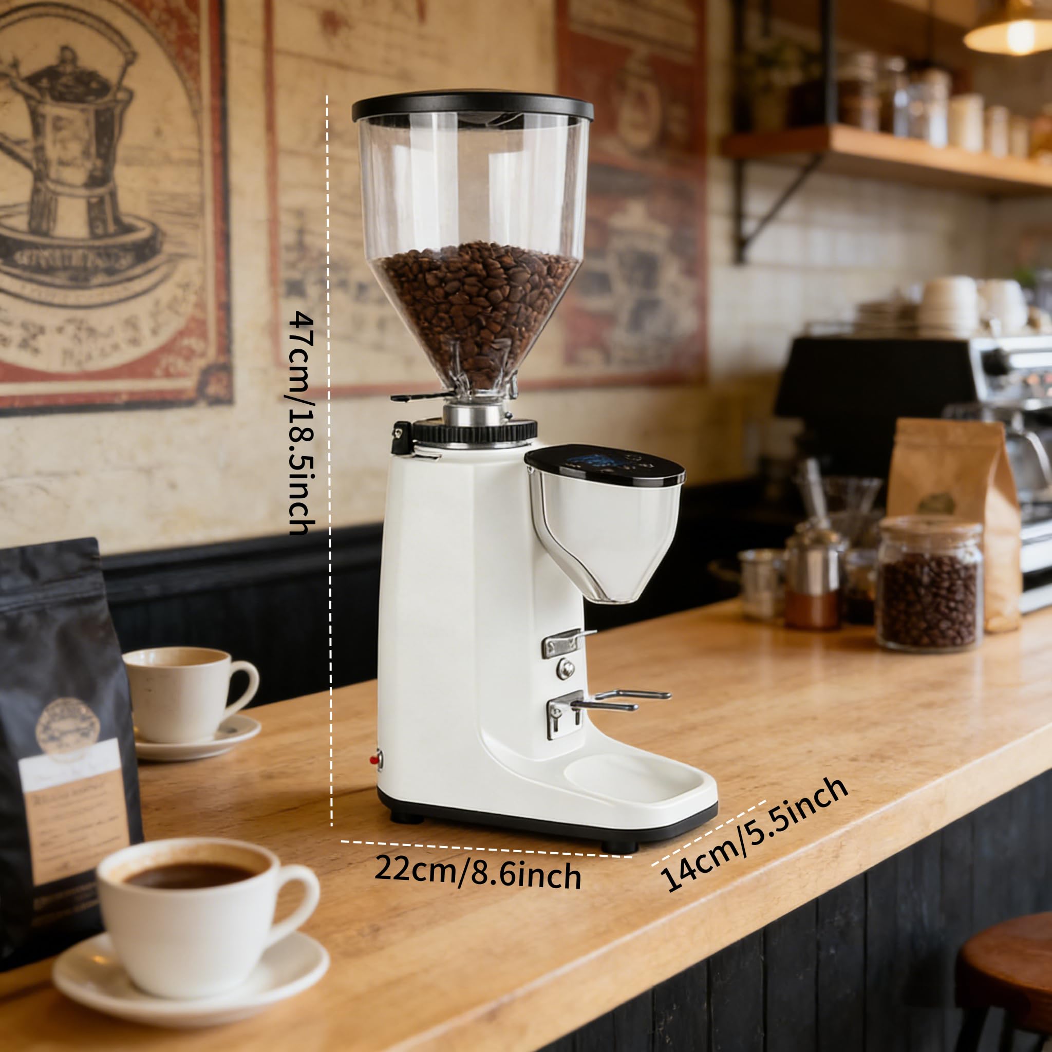 Młynek do espresso, elektryczny młynek do kawy, 19 ustawień, młynek do ziaren ze stali nierdzewnej z cyfrowym panelem dotykowym i kontrolą porcji do espresso, drip White
