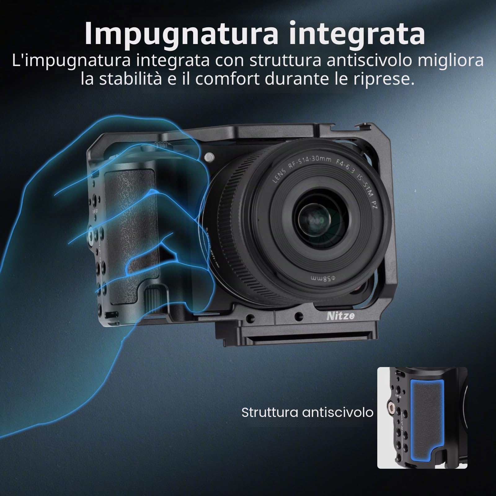 Nitze R50V Gabbia per Canon R50 V, Cage con Adattatore per Slitta a Contatto Freddo e Impugnatura Ergonomica in Silicone Integrata, Sgancio Rapido per Arca, Supporta le Riprese Verticali - T-C07A