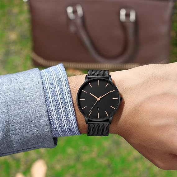 Unendlich U Mens Black Watch Ultra Thin Minimalist Fashion Luxury Wrist Watches with Digital Calendar, Business Waterproof Casual Golden Pointer Quartz Watch with Stainless Steel Mesh Band