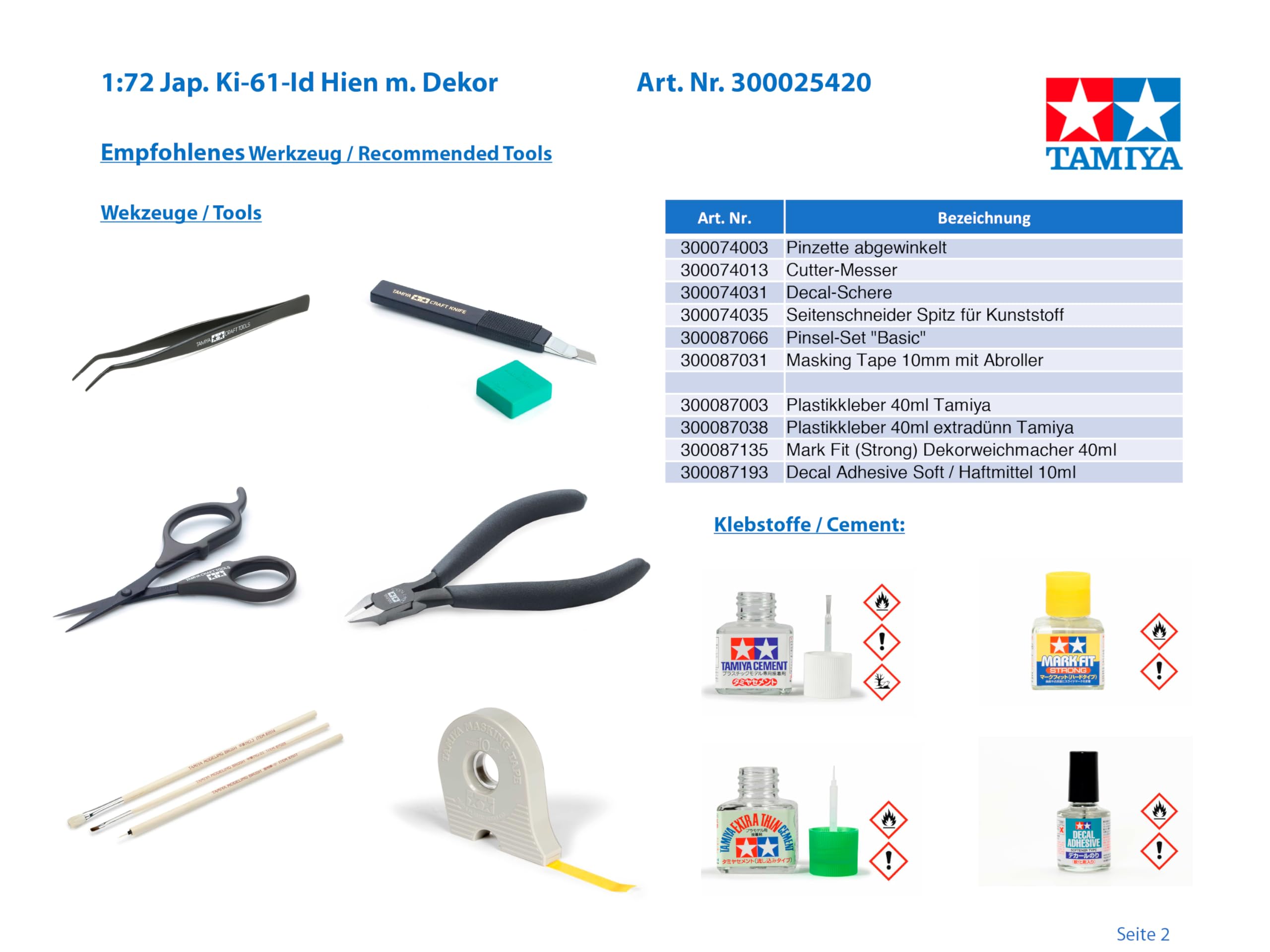 TAMIYA 25420 - Modellino di Ki-61-Id Hien Giapponese in Scala 1:72, con Decorazione, in plastica, per Fai da Te, Hobby, da incollare