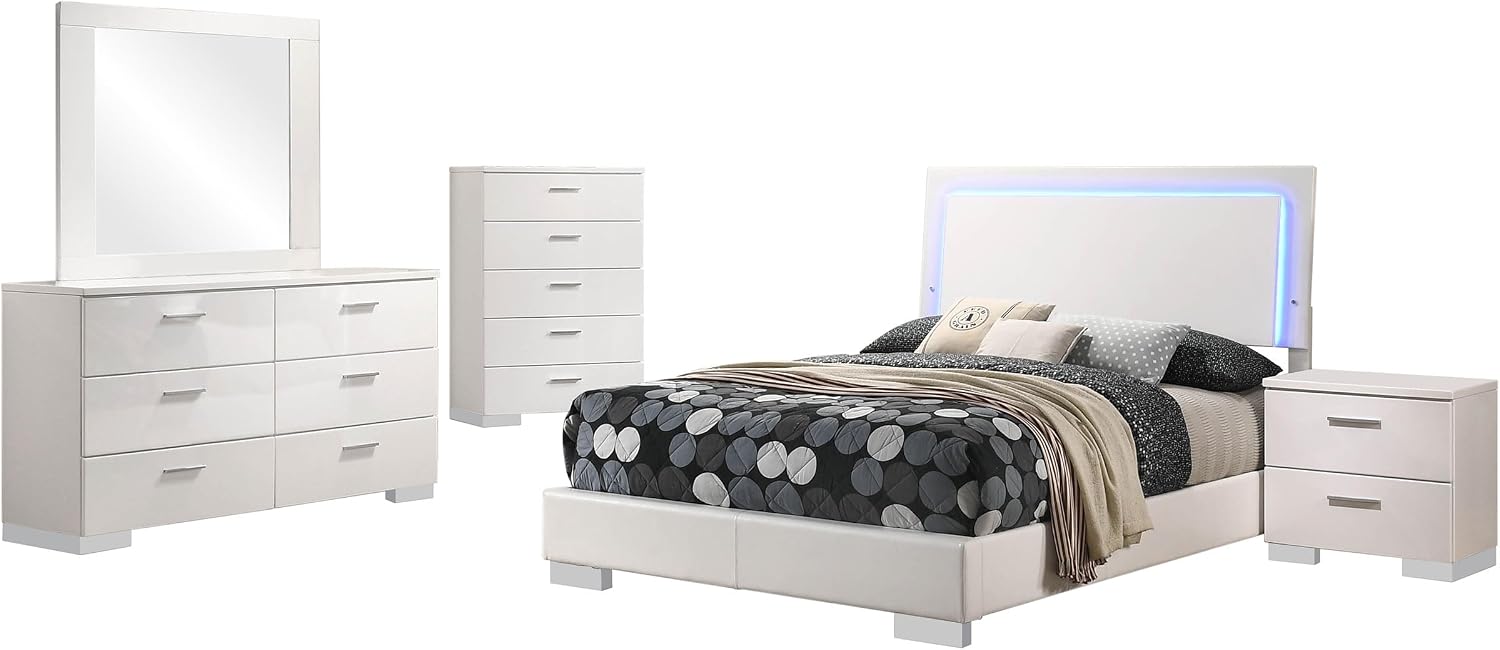 Benzara Sok 5pc Full Bedroom Set with Blue LED Lights, White High Gloss Wood