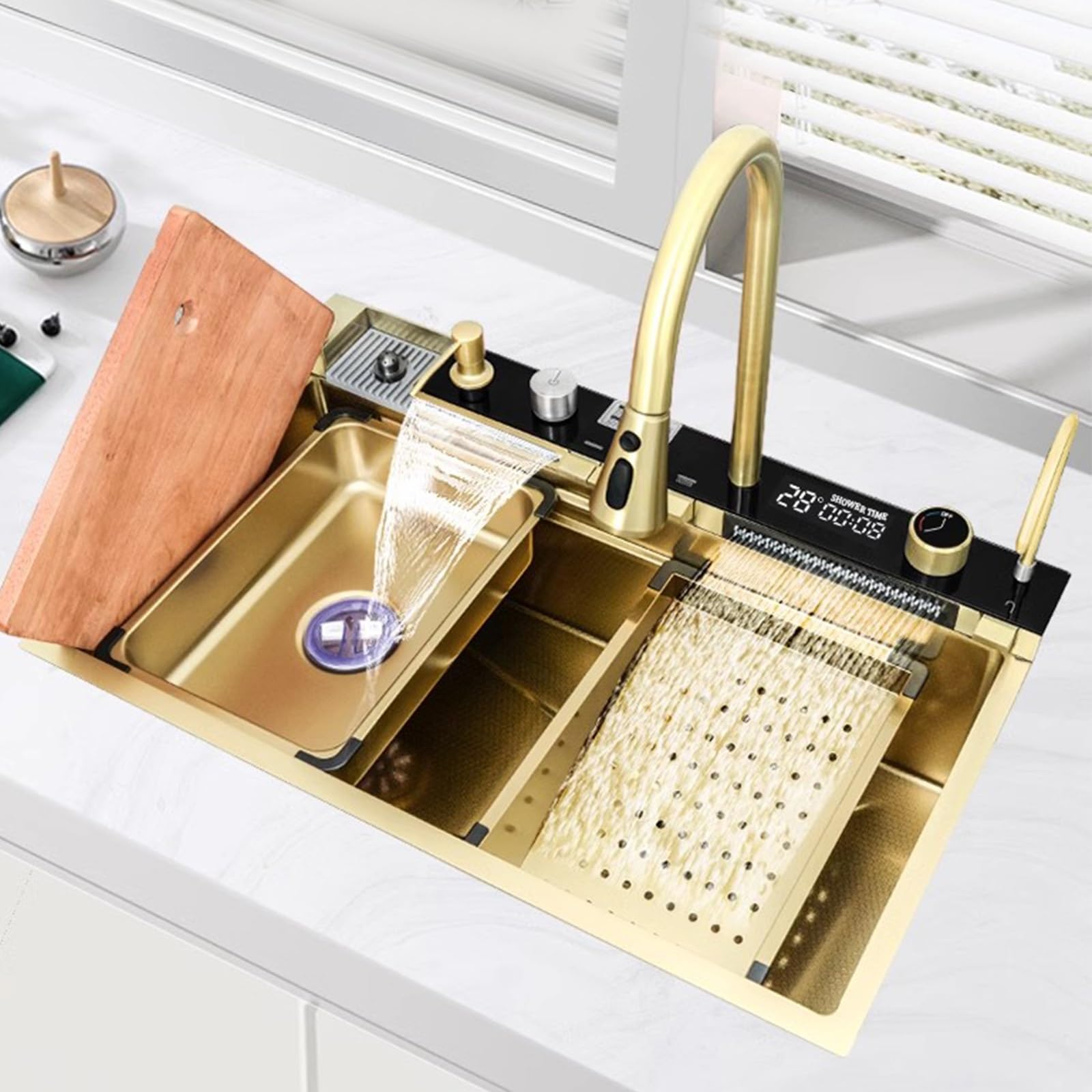 Waterfall Kitchen Sink Gold 304 Stainless Steel Waterfall Pull - View #2