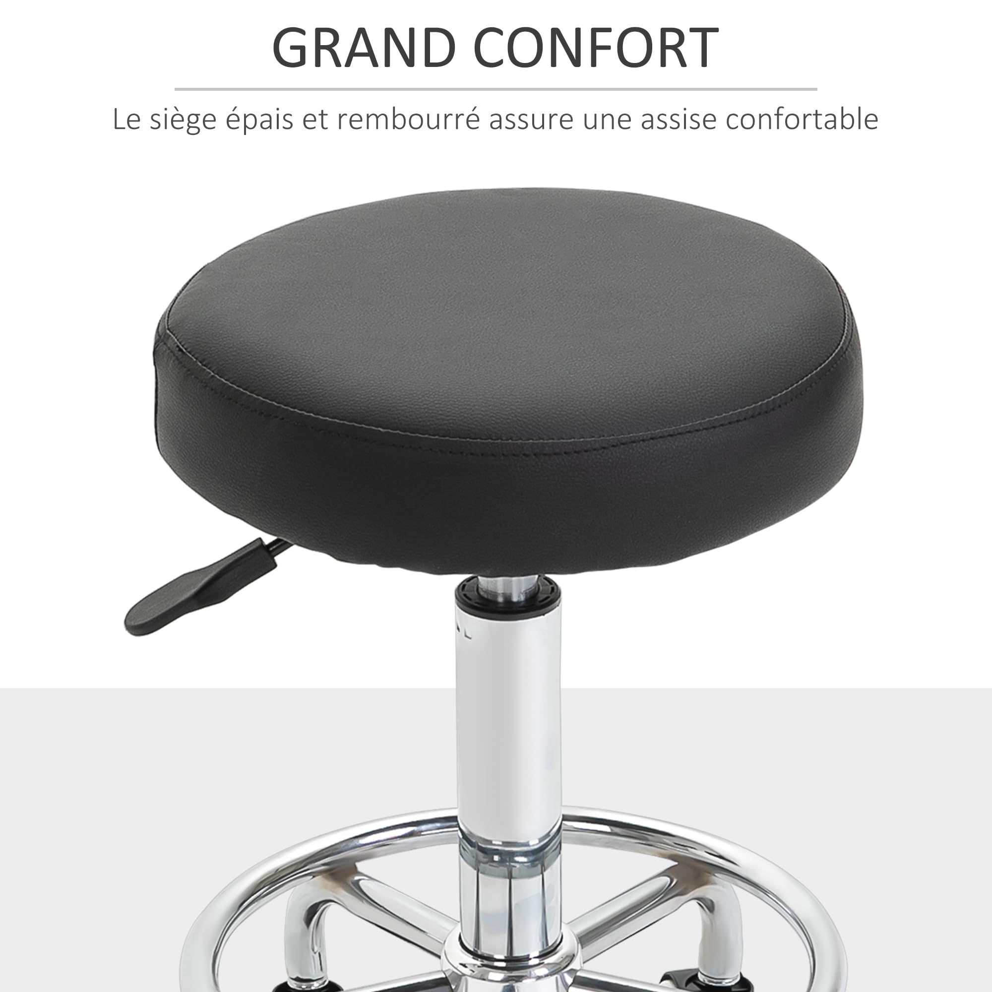 Vinsetto Tabouret à roulettes réglable 50-64 cm, assise rembourrée, pivotant 360°, pour massage, tatouage, clinique, spa, noir