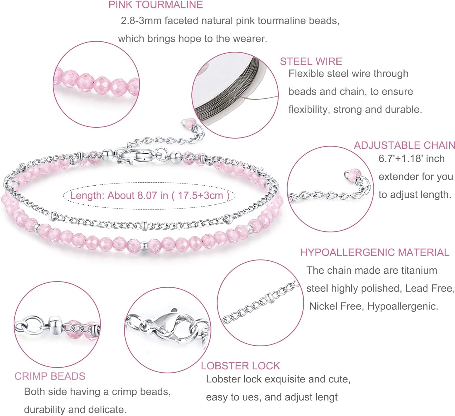 Peridot Stand Silver Gold Bracelets, Handmade Birthstone Stack Bracelet Crystal Gemstones Bead Chain Gift for Women, 8" - Image 3