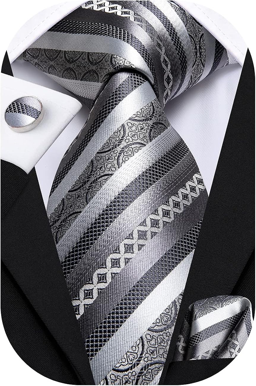 Hi-Tie Juego de lazos de seda para hombre con bolsillo cuadrado y gemelos diseño formal de negocios