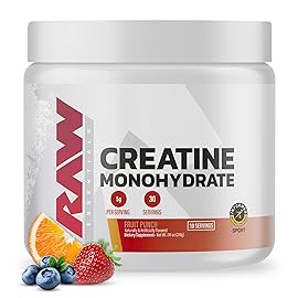 RAW Nutrition Creatine Monohydrate Powder, Fruit Punch (30 Servings) - Micronized Creatine Monohydrate Supplement for Workout Performance, Build Muscle & Strength - Creatine Powder for Men & Women