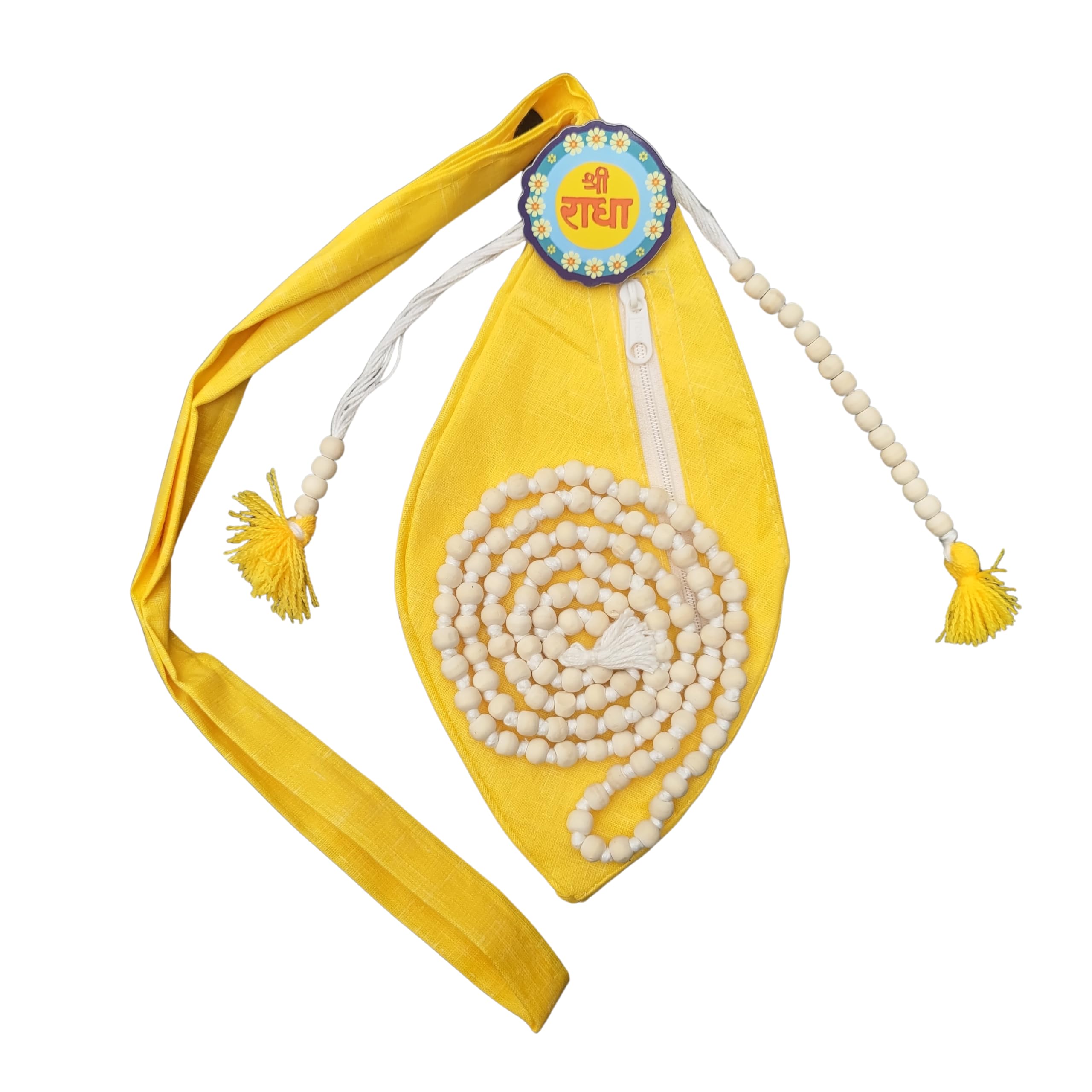 KRISHNA KUNJ-Neem Wood Japa Mala 108+1 Beads with Matching Sakshi Mala & Plain Yellow Cotton Gaumukhi Japa Bag with Extra Chain Pocket and Free Shri Radha Name Pin Badge for your Jholi, beg etc-image-40
