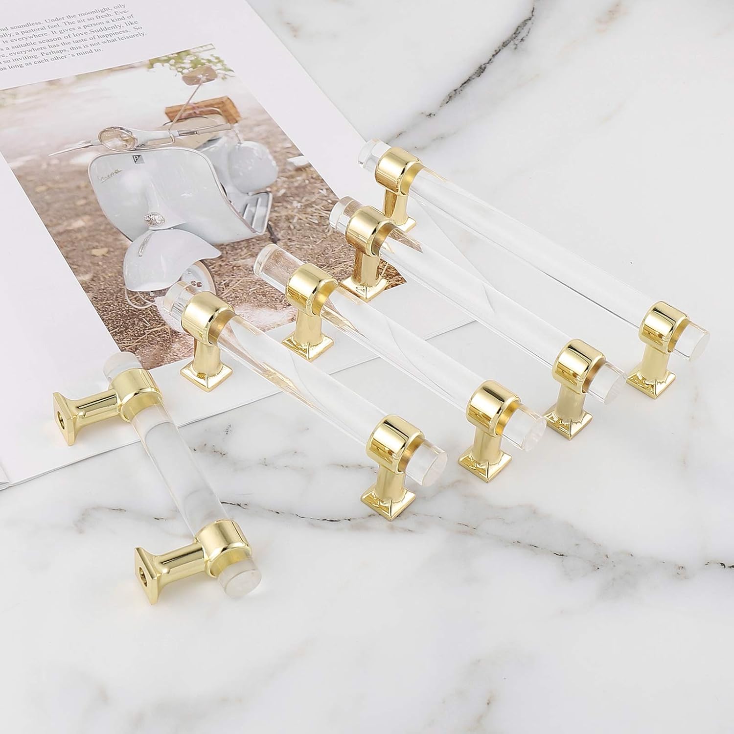 15 Pack Polished Brass Cabinet Pulls and Knobs Clear Glass Drawer Dresser Closet Pull Handles 5 inch Hole Spacing Bedroom Bathroom Washroom Hardeware Pulls