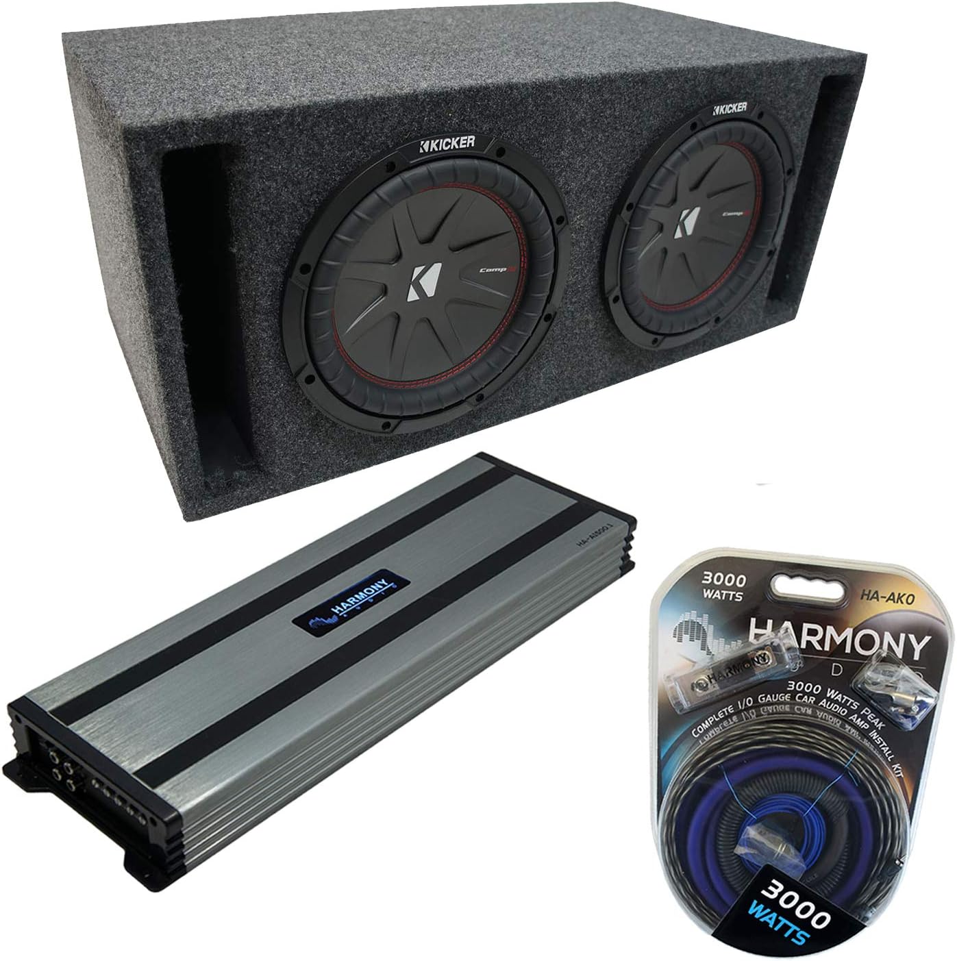 Harmony Audio Kicker Bundle Compatible with Universal Car 43CWR122 CompR CWR Dual 12" Loaded Sub Box Enclosure with HA-A1500.1 Amplifier