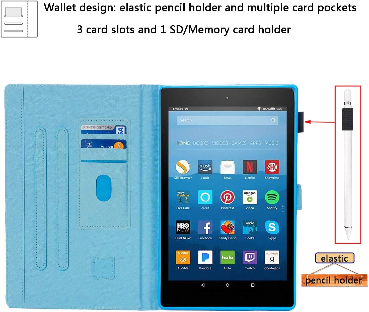 for Amazon Kindle Fire HD 10 Tablet 2019/2017 Case 9th and 7th Generation 10.1" with Pencil Holder Card Slots [Auto Sleep/Wake] Folio Stand PU Leather Magnetic Smart Flip Cover, Wolf & Dog