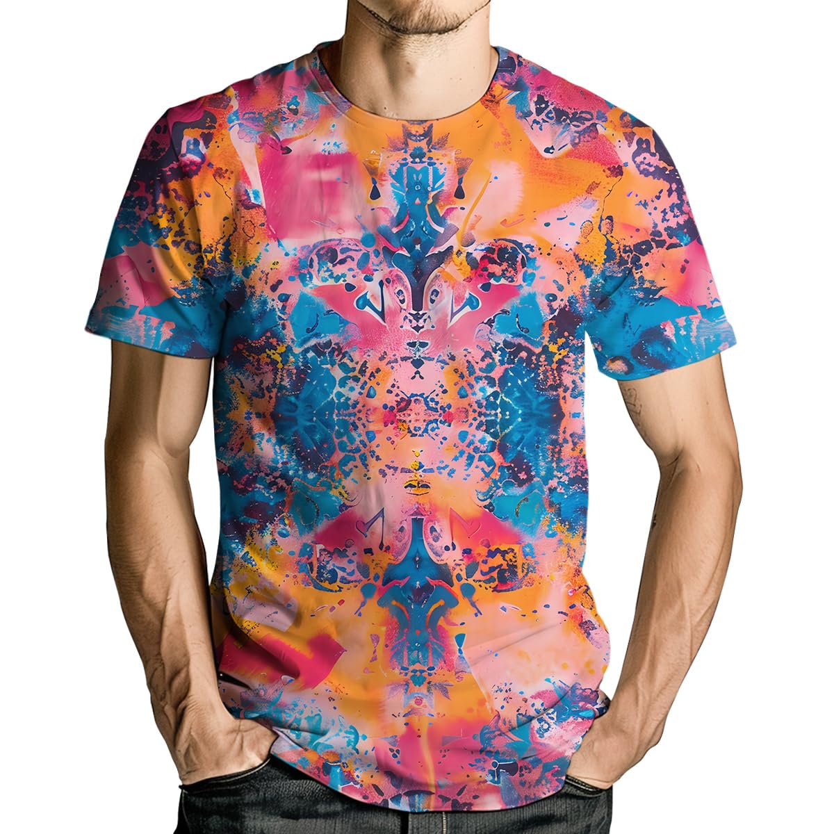 Rasbctk Men's Pink Psychedelic Tie Dye Shirt For Wo Graphic Tees Unisex 3D Printed Short Sleeve Novelty Tops T-Shirts, Xxxxl
