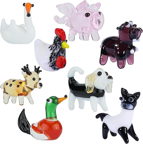 8 piezas de pequeñas figuras de vidrio soplado de animales de vidrio soplado, hechas a mano, juegos de figuras de animales para decoración del
