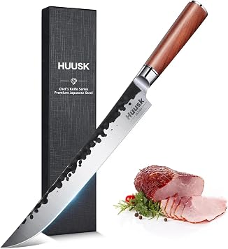 Huusk Japanese Brisket Slicing Knife - Grilling Gifts Idea for Men Smoker | 10" Hand Forged Butcher Breaking Knife - Ultra Sharp Carving Knives for Meat BBQ Rib Roast