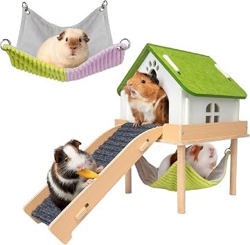 BESNEW 3 in 1 Enlarged Guinea Pig Hammock,Wooden Guinea Pig Hideout with House & Platform & Stairs Small Animal Toys for Hiding Sleeping Activities