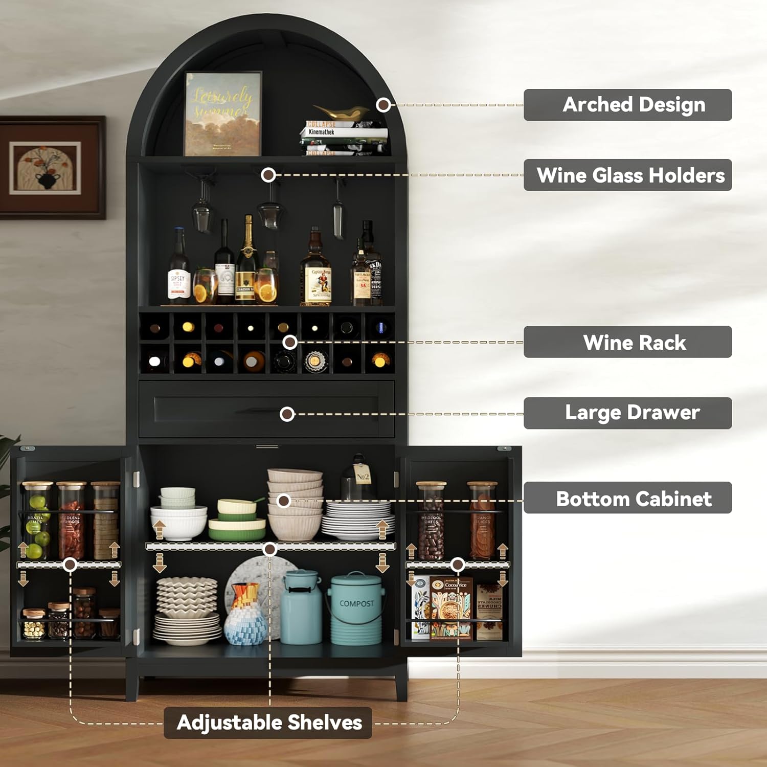 Loomie 75.7" Tall Arched Wine Cabinet, Modern Bar Cabinets with Glass Holders & Wine Rack, Liquor Cabinet for Home, Kitchen Pantry W/Drawer & Shelves, Versatile Cupboard for Dining Room (Black)