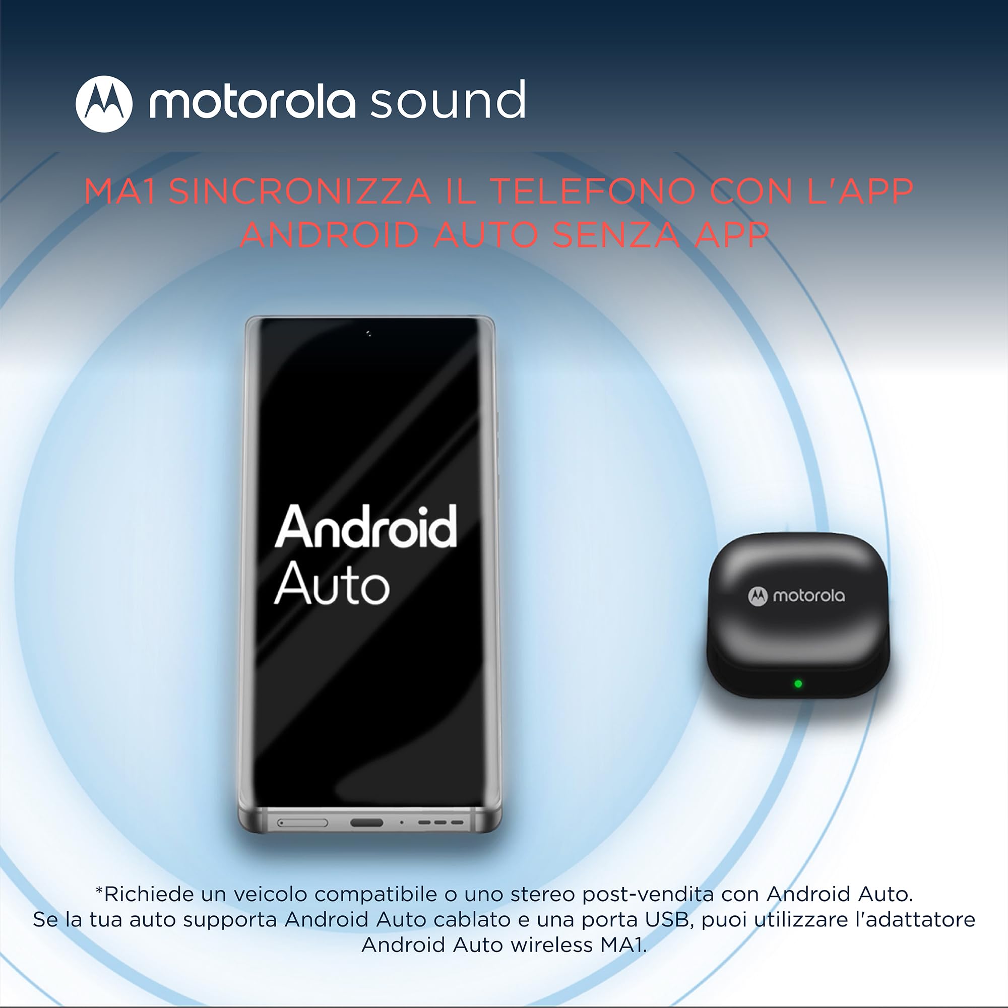 Motorola Sound MA1 - l'unico Google autorizzato Wireless Android Auto Car Adapter - Connessione istantanea dallo smartphone allo schermo dell'auto con facile configurazione