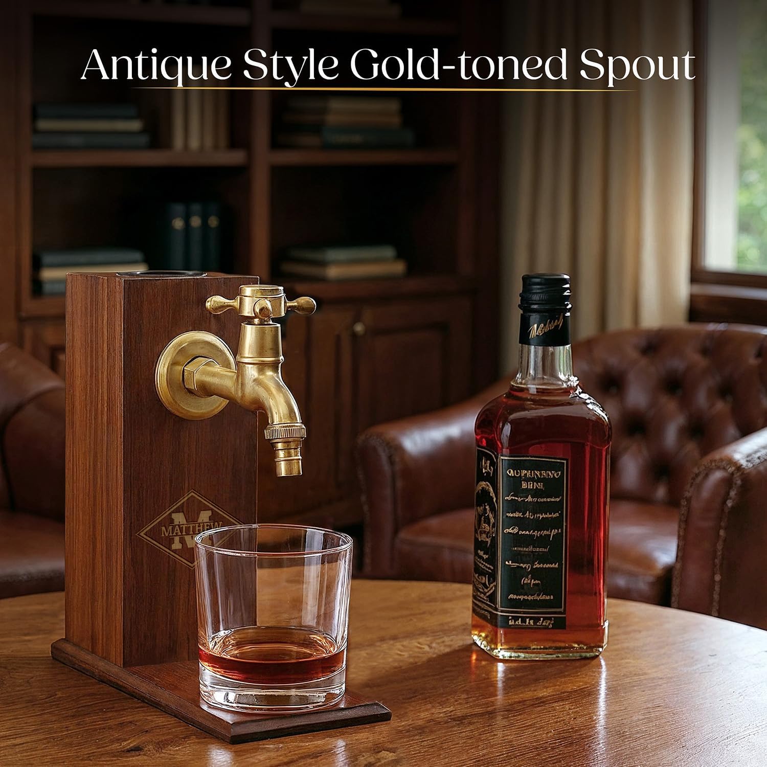 Custom Engraved Simplistic Monogram 6 Options, Liquor/Bourbon Wooden Whiskey Dispenser Personalized Drink Pourer Premium Home Bar Gift for Men, Husband, Dad