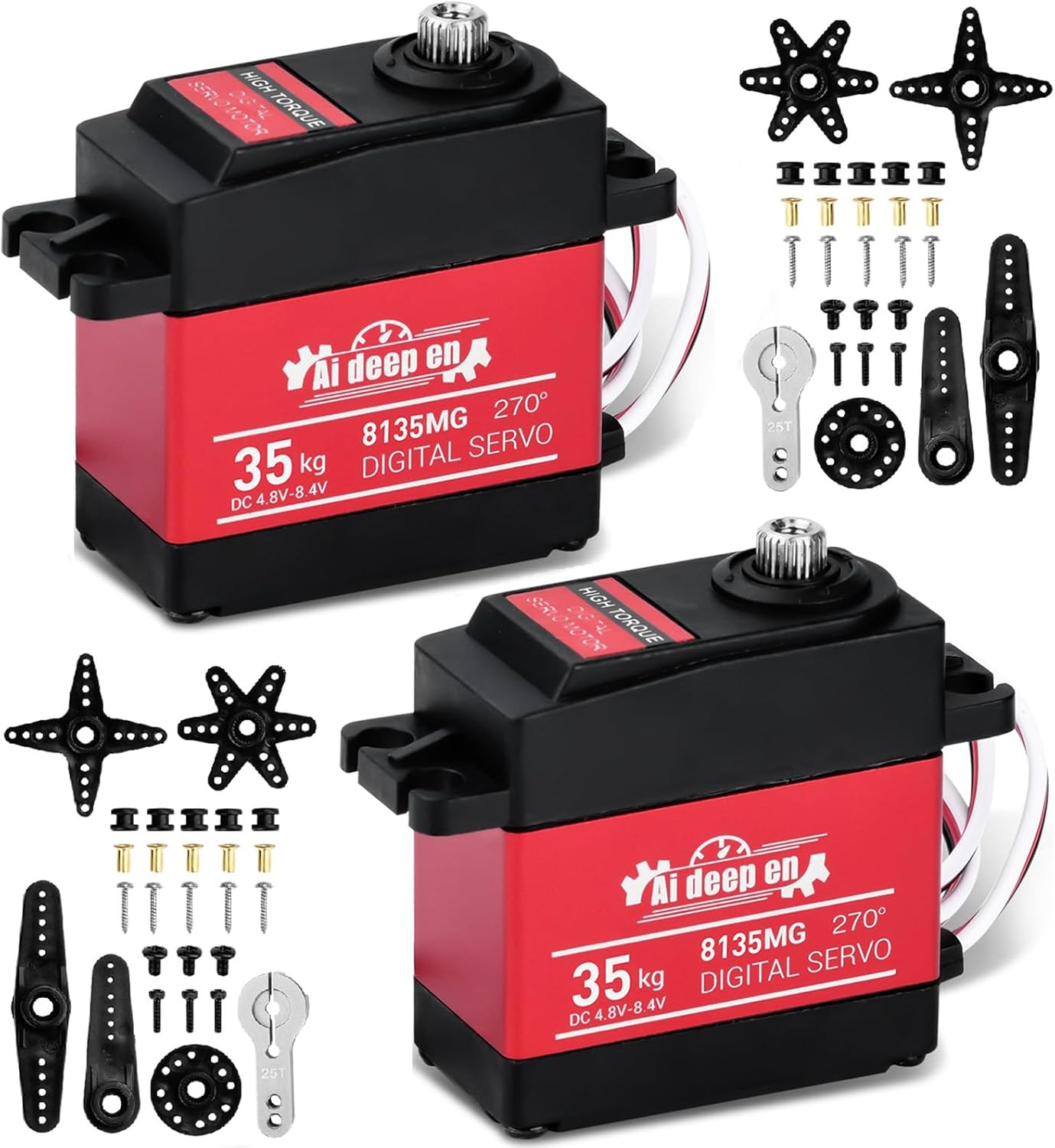 35KG Servo High Torque RC Servo,Servo Motor 4.8-8.4V RC Servo Full Metal Gear Waterproof Compatible with 1/8, 1/10, 1/12 RC Car with 25T Servo Horn and Parts (270°-2 Pack)