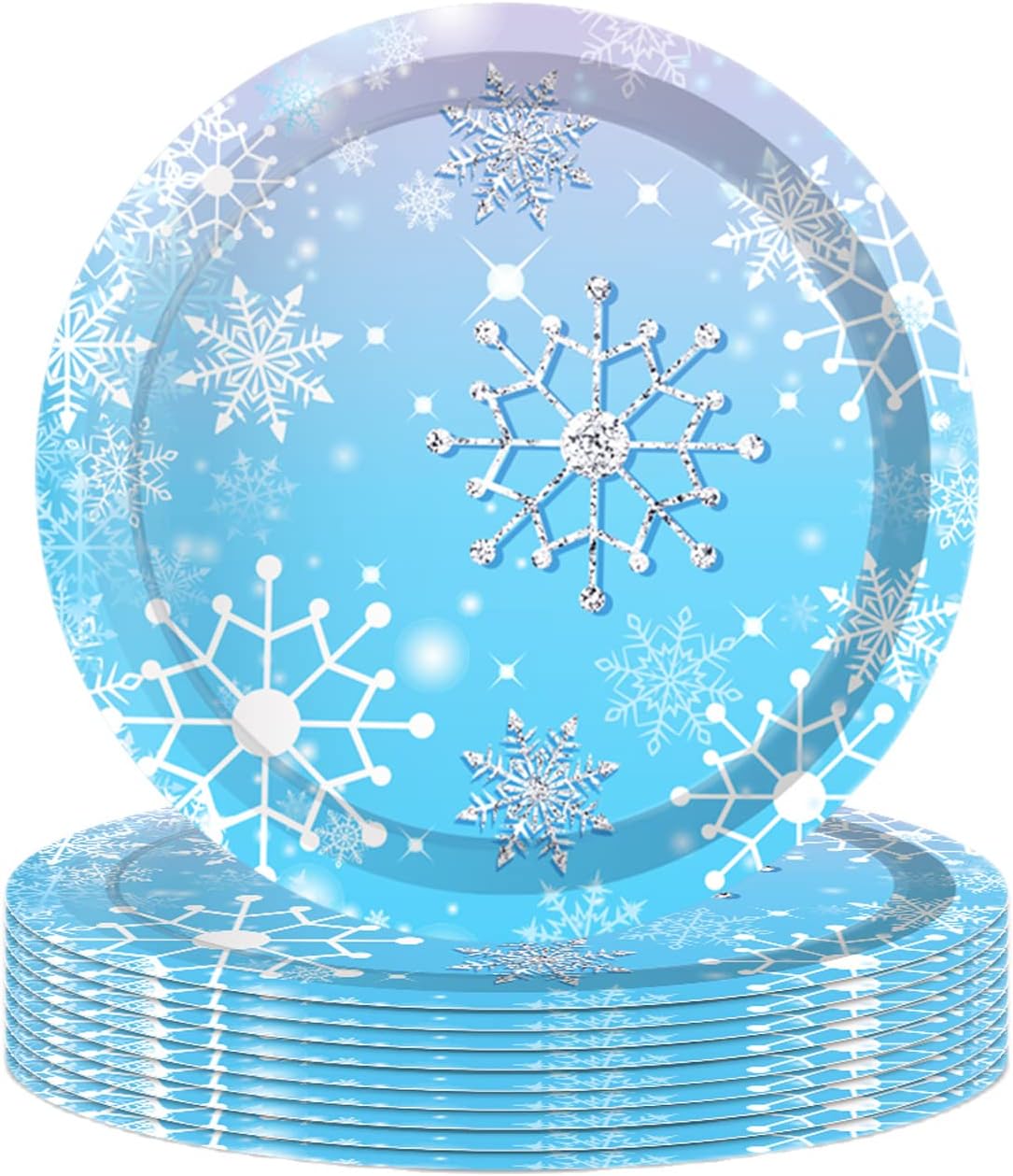 Blue and White Snowflake Christmas Party Paper Plates 7",8Pc Xmas Winter Snowflakes Disposable Paper Plates Frozen Christmas Tableware Decor for Winter Holiday Xmas Frozen Party Supplies Decorations