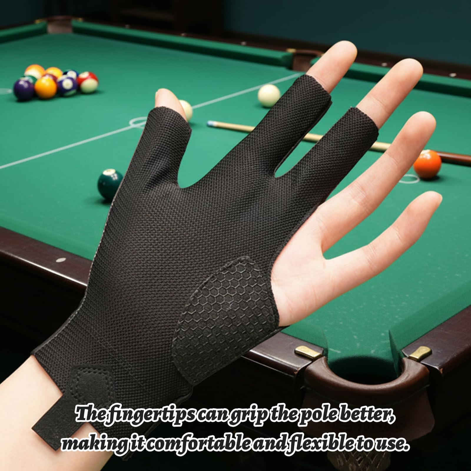 Guante de Billar Profesional de 3 Dedos, Transpirable y Ajustable para Hombres y Mujeres - Guante Sin Dedos para Pool, Unisex (Talla Única, Negro) — view 5