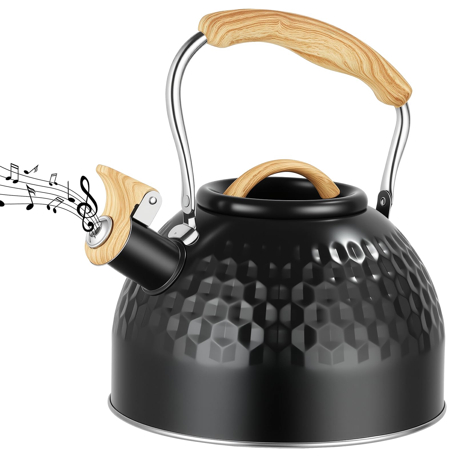 Stove Top Kettle, 3L Stainless Steel Whistling Kettle for Gas Hob, Teakettle with Wood Grain Handle, Hammer Pattern Teapot for Induction, Electric, Gas, Camping Accessories & House Warming Gifts