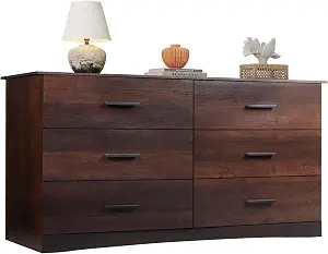 WLIVE Wood Dresser for Bedroom, Wide Chest of Drawers with 6 Drawers, Large Brown Storage Tower Unit, Modern Minimalist Closet Store Organizer for Living Room, Hallway