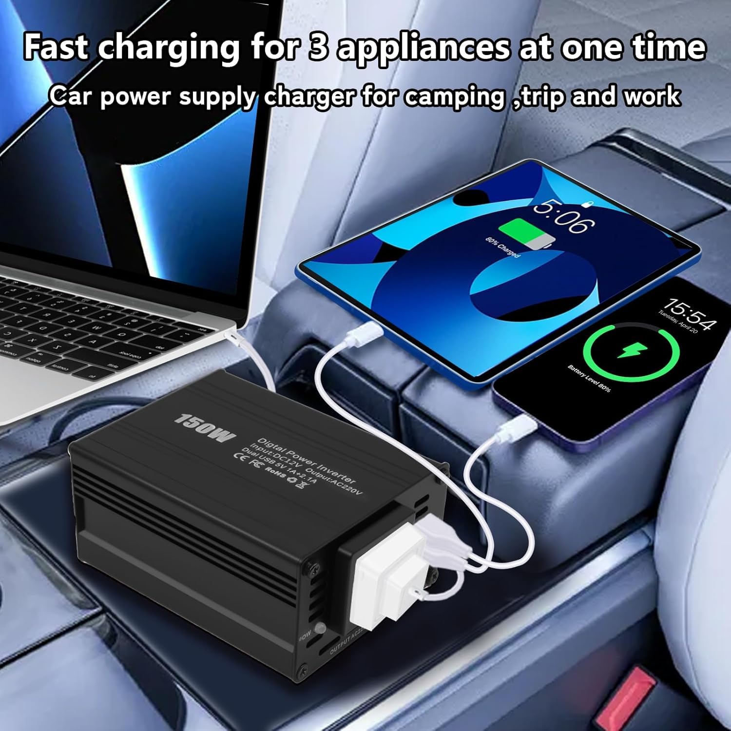 Onduleur de Voiture 150 W DC 12 V vers AC 230 V avec 2 Ports USB et Allume-Cigare, idéal pour Le Camping, Les Voyages et l'alimentation de Secours (Noir)