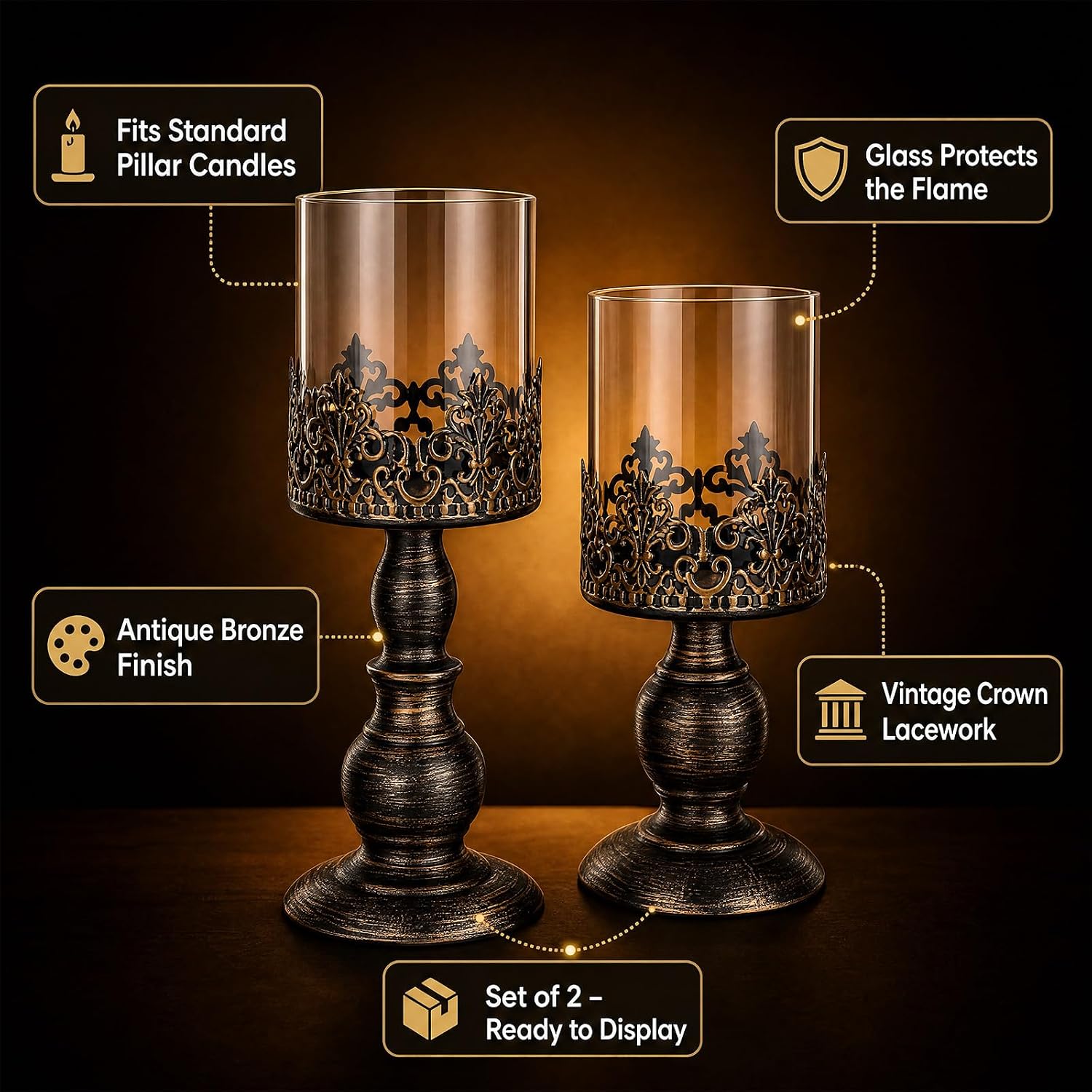 2 Pcs Gothic Hurricane Candle Holders for Pillar Candle Gothic Metal Candlestick Holder with Glass Sleeve Vintage Decorative Candleholder Halloween Pillar Holder for Table Centerpiece Decor