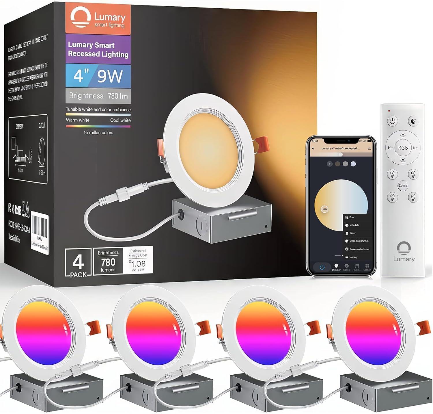 Lumary Smart Recessed Lighting 4 Inch, Canless WiFi Led Recessed Lights 9W, RGBWW Ceiling Downlight with Junction Box Ultra-Thin and Anti-Glare Trim Work with Alexa/Google Assistant/BT Remote 4PACK Lumary Smart Recessed Lighting 4 Inch, Canless WiFi Led Recessed Lights 9W, RGBWW Ceiling Downlight with Junction Box Ultra-Thin and Anti-Glare Trim Work with Alexa/Google Assistant/BT Remote 4PACK